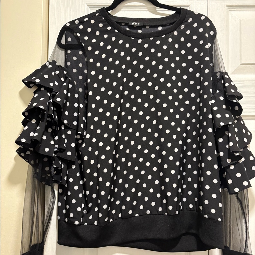 Polka Dot Ruffle Sleeve Top - Black and White